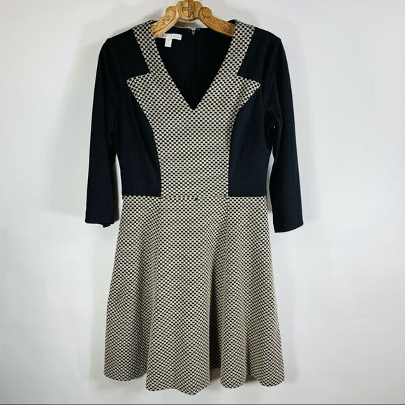 Jersey 3/4 Sleeve Colorblock Dress Sz 8 Black Tan - Picture 4 of 8